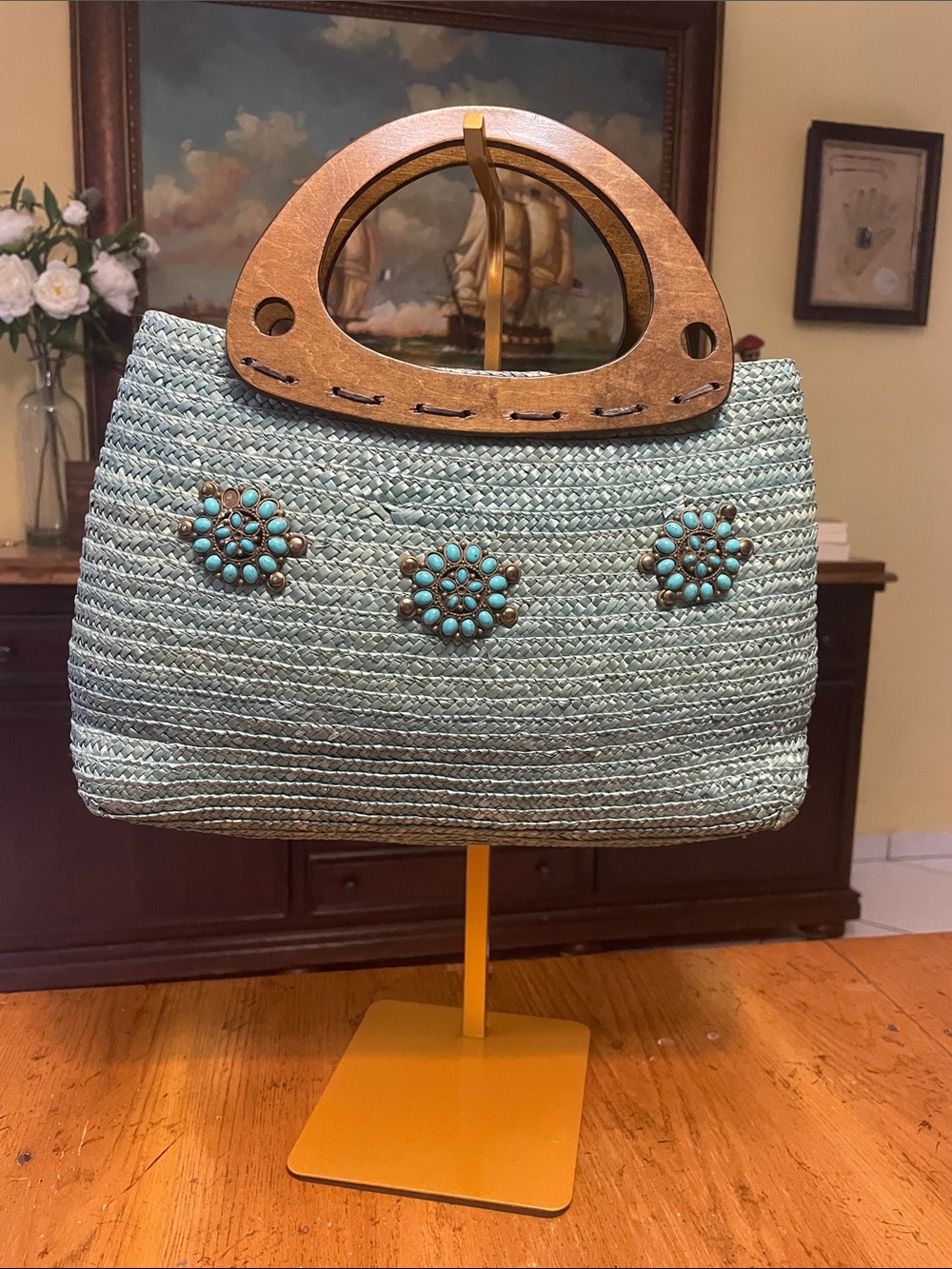 Woven Straw Tote Bag with Turquoise Accent - Blue